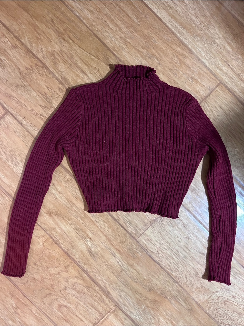 SHEIN Ribbed Mock Neck Cropped Sweater - Burgundy